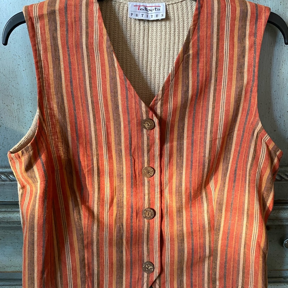 Talbots Orange and Brown Striped Vest/ Button-down Top
